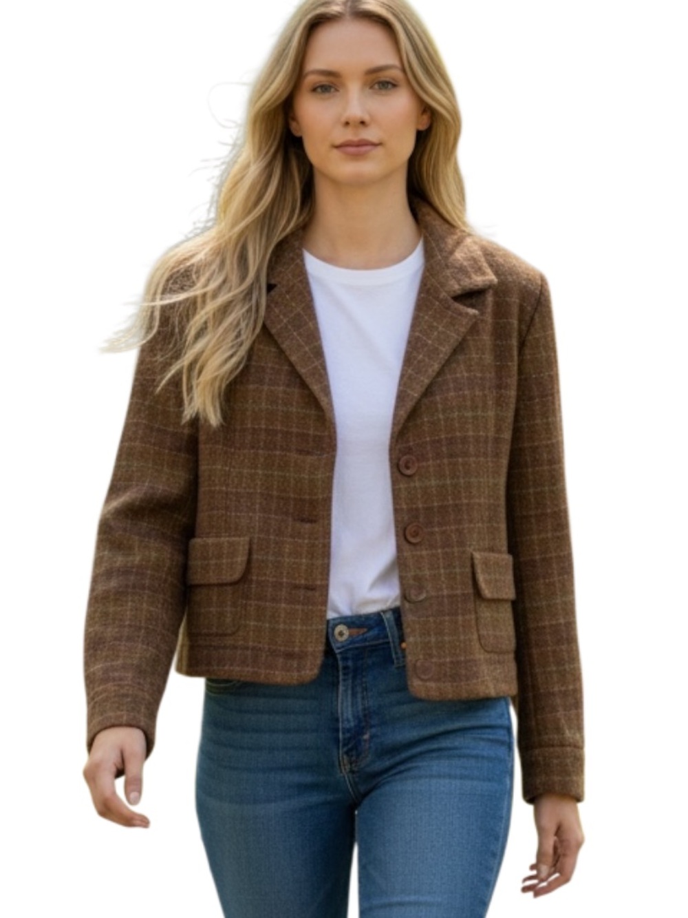 Bridgewater Classics Brown Plaid Cropped Wool Blazer
